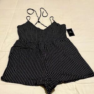 Volcom Black & White Striped Spaghetti-Strap Romper with side pockets